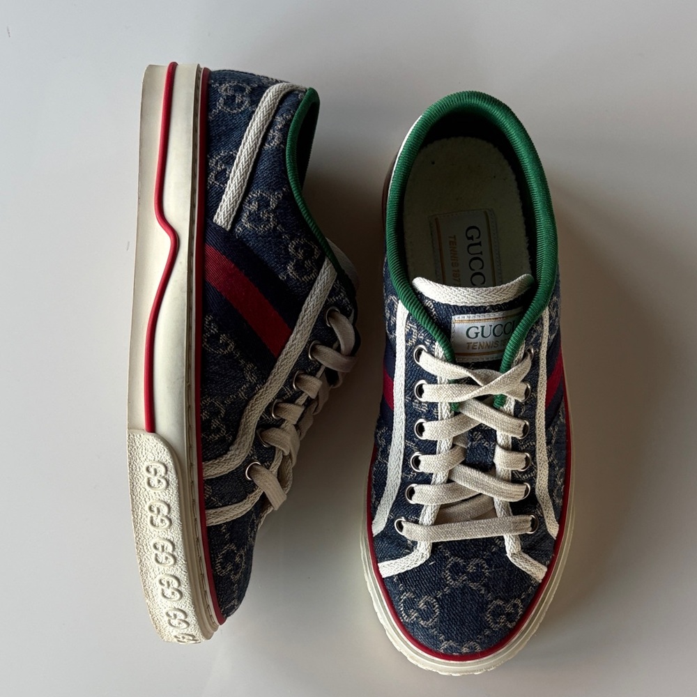 Gucci Tennis 1977 Denim Blue and Red Stripe Sneakers